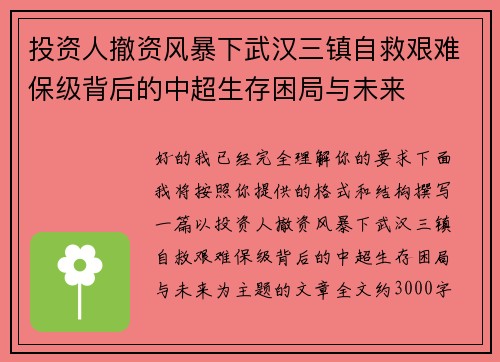 投资人撤资风暴下武汉三镇自救艰难保级背后的中超生存困局与未来