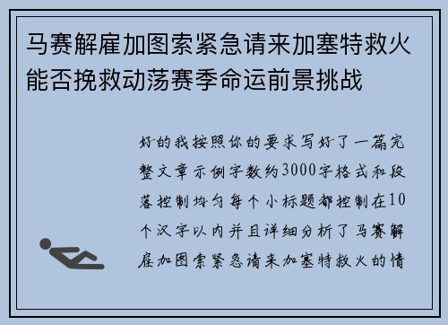 马赛解雇加图索紧急请来加塞特救火能否挽救动荡赛季命运前景挑战